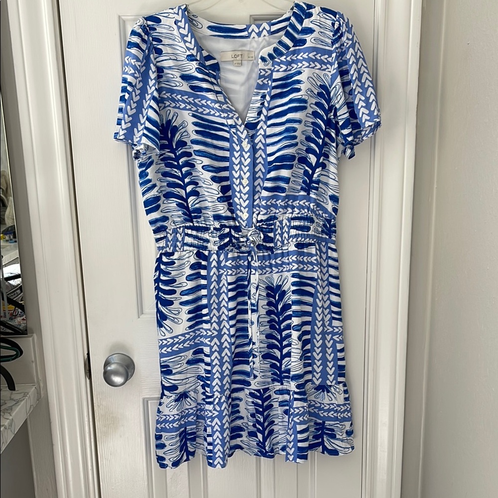 LOFT Blue and White V-Neck Dress
